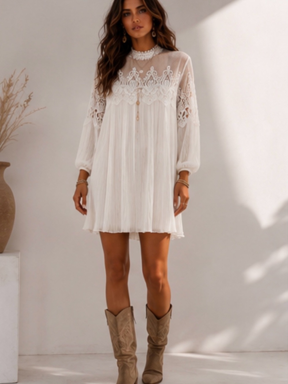 Boho Lace Pleated Tunic Dress | Romantic Boho Chic - Picture 4 of 15